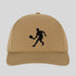 Beige cap with black silhouette of a person playing baseball on a light gray background